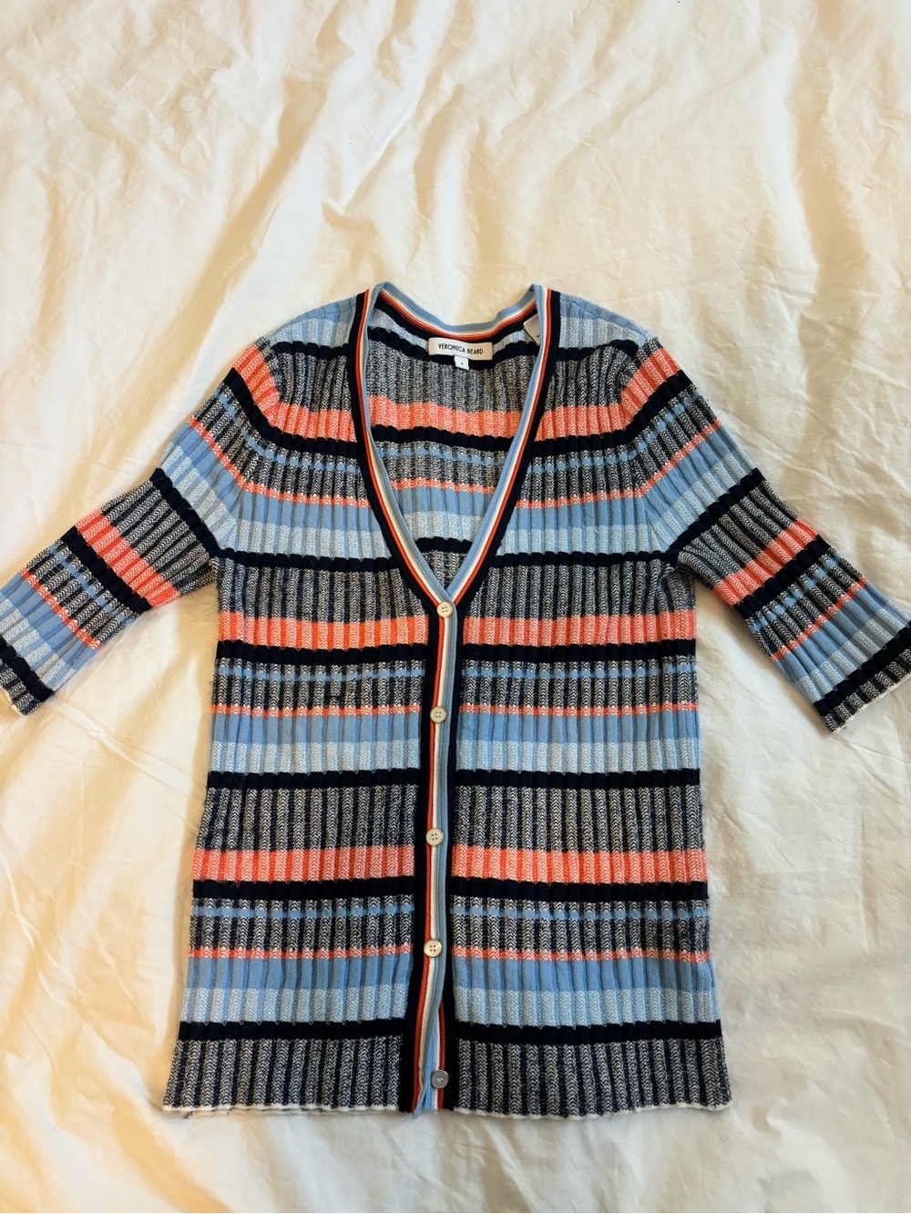 Veronica Beard Coral, Light Blue & Navy Striped Rib-Knit Cardigan